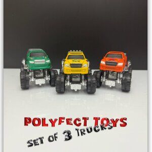 Lot of 3 Polyfect Toys Monster, Thunder and Racing Plastic Trucks